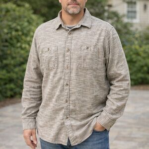 Solaris Mens XL Long Sleeve Button Shirt Beige Cotton‎ Casual Collared Top